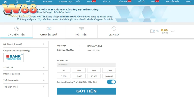 Gửi tiền W88 nhanh gọn chỉ với vài thao tác đơn giản
